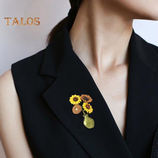 Women Brooch Sunflower Vase Shape Retro Enamel Anti-slip Polished Coat Collar Bag Scarf Hat Decoration Clothes Pin Party Banquet Clothing Jewelrys