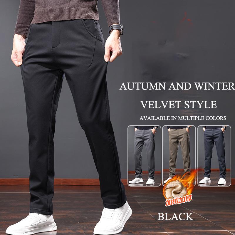 Men's Casual Pants Autumn Winter Loose Straight Leg Thick Fleece Belt Light Business Trousers Warm Comfortable Fit
