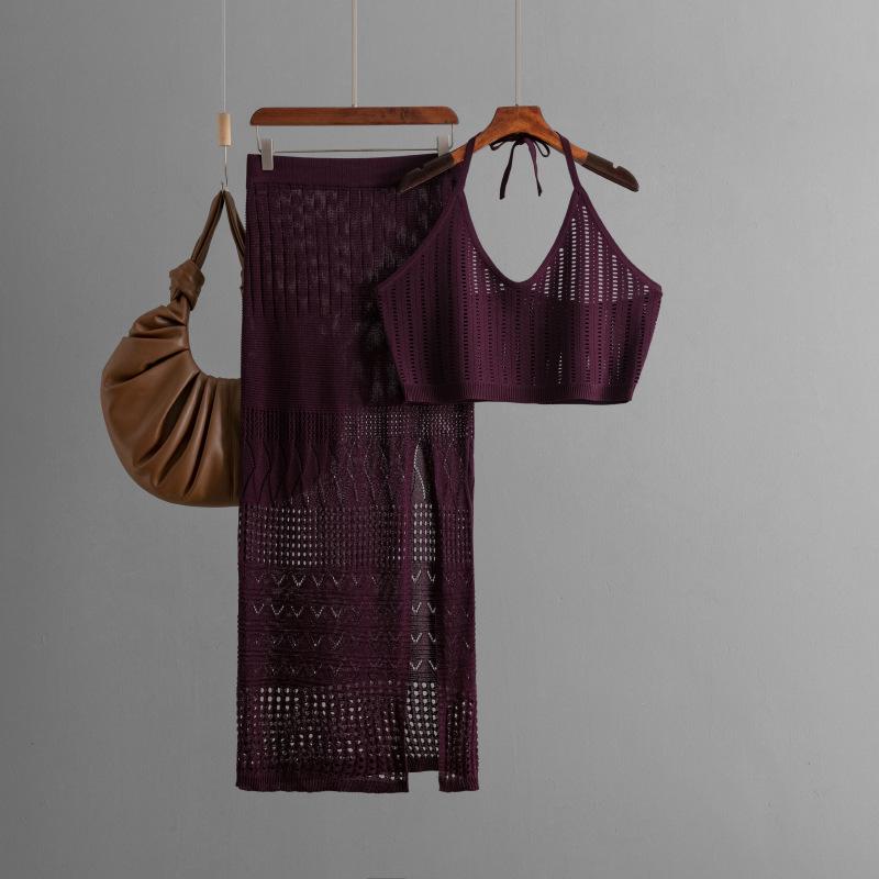 Summer Women's Short Vest Top High-waisted Thin Hollow Open-end Package Hip Half-body Skirt Two-piece Set