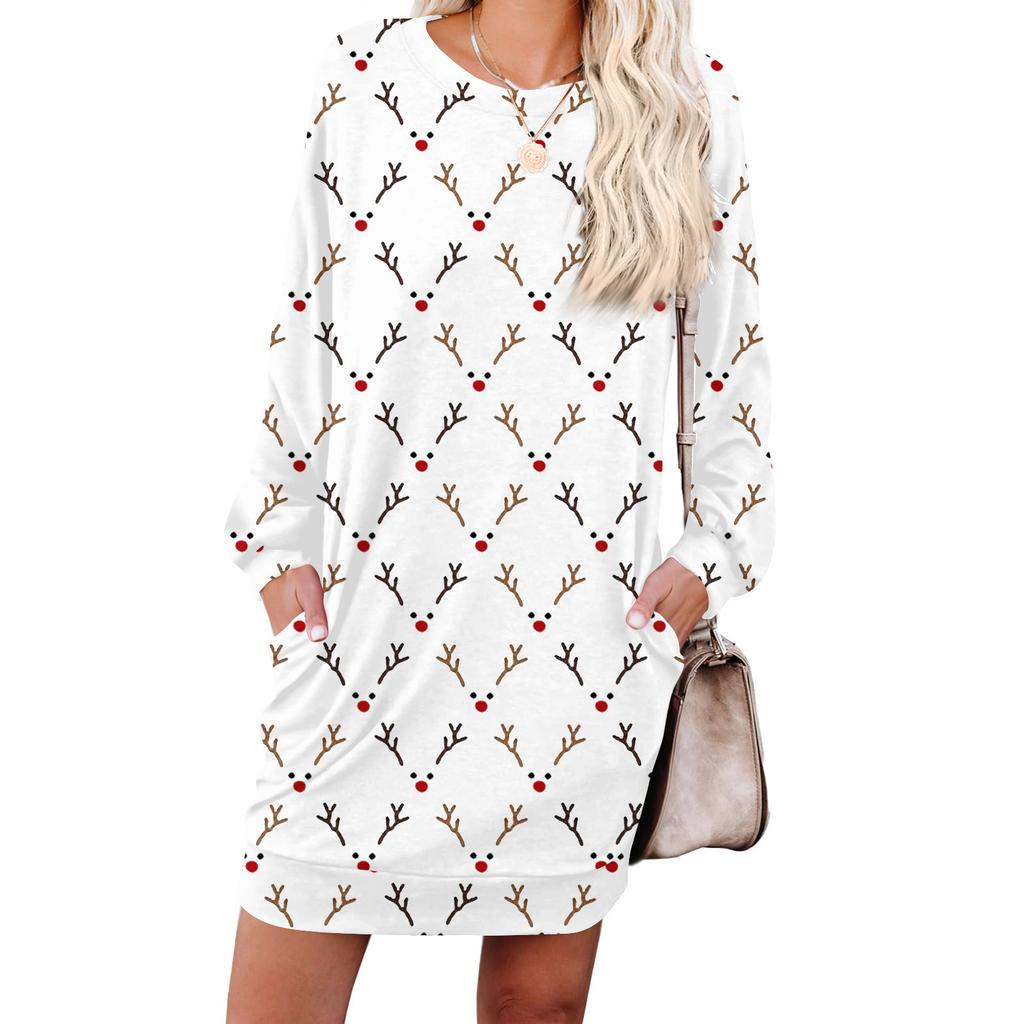 Женское модное платье с ретро-принтом, с длинным рукавом, круглым вырезом и карманом