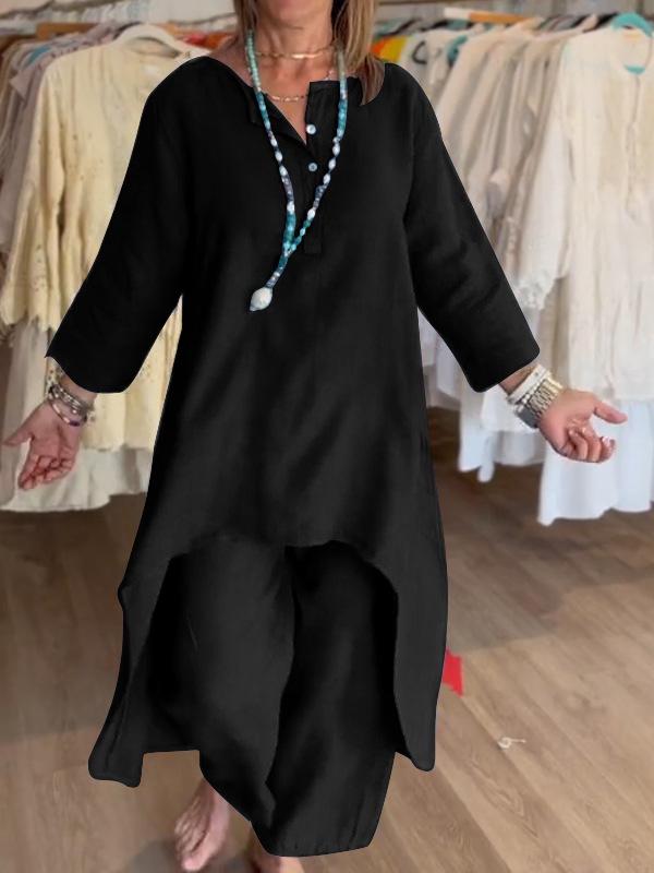 Женский однотонный повседневный летний комплект из хлопка и льна с длинными рукавами