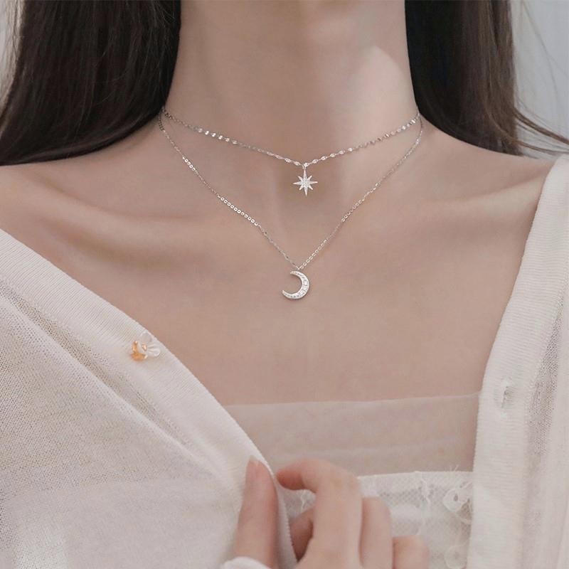 S925 Серебряное модное простое двухслойное ожерелье со звездой и луной, нежное ожерелье с цирконом на ключице для женщин, ювелирные изделия