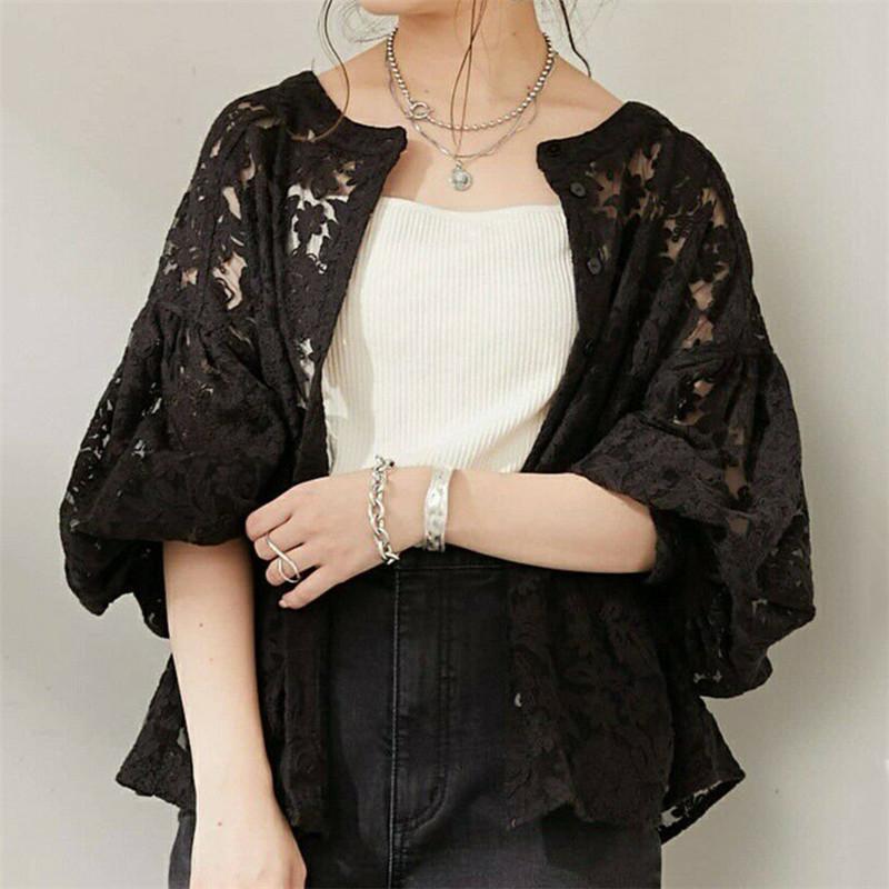 Tooxika Hot Sale Long-sleeved Tops Lantern Sleeves Round Neck Lace Cardigan Women's Shirt
