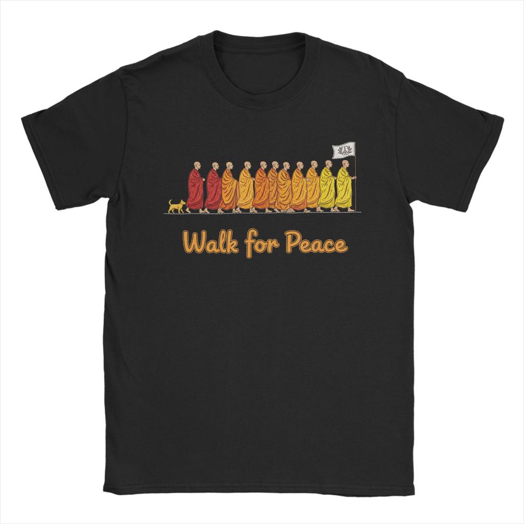 Walk for Peace Buddhist Monks Inspirational Journey T Shirts Men Cotton Funny TShirt Crewneck  Tee Shirt Short Sleeve Clothing