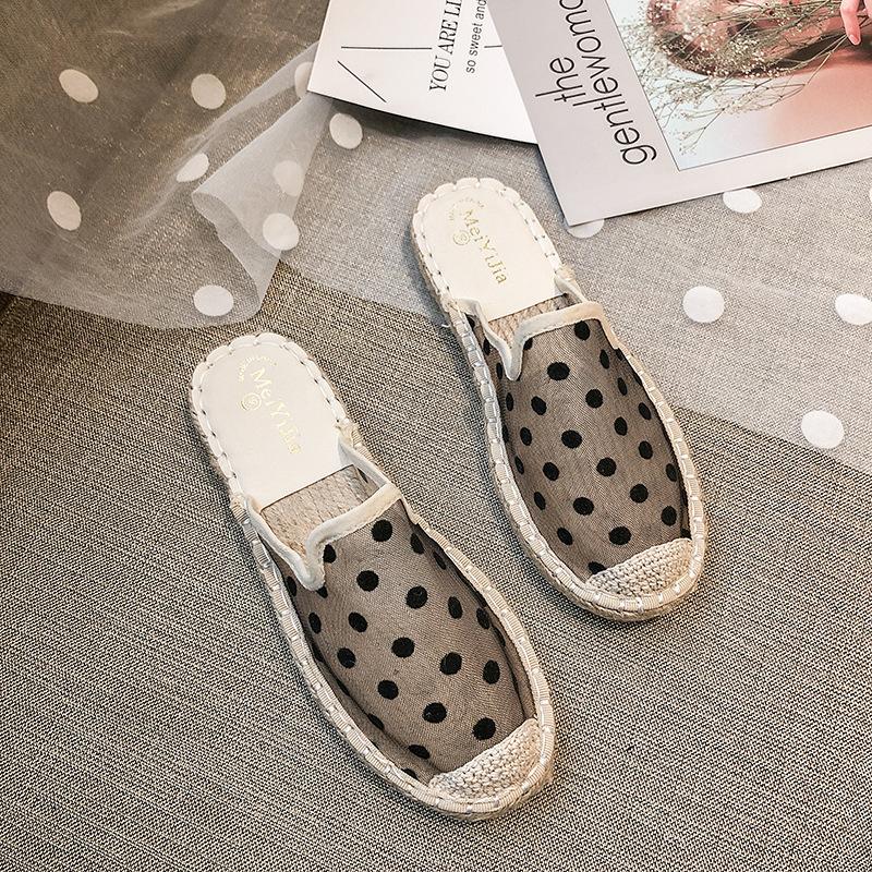 Новые женские повседневные туфли для рыбалки, женские туфли на сухожильных подошвах, плоская подошва, соломенная плетеная пеньковая веревка, сетка в горошек Baotou Half Drag456