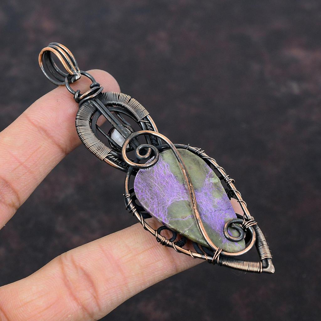 Подвеска из пурпурита, обернутая медной проволокой, ручная работа, дизайнерская подвеска, ювелирное изделие с радужным лунным камнем для подарка, ювелирное изделие, обернутое медной проволокой