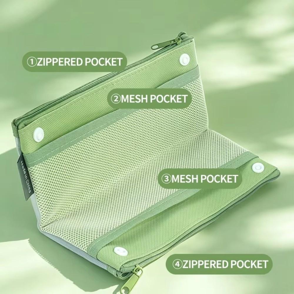 Snap Button Mesh Pencil Case Double Layer Pen Bag Portable Makeup Storage Bag School Supplies