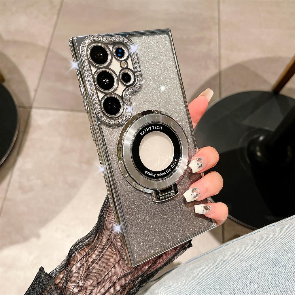 Samsung 25 Ultra Mobile Phone Case Rhinestone Flash Powder Electroplated Magnetic Bracket for Women's Model Suitable for S24 Soft Shell Anti Fall