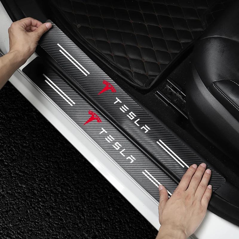 ysdkf1 4pcs Carbon Fiber Car Threshold Protection Sticker Car Accessories For Tesla Model 3 Model S Model X Y Roadster Performance