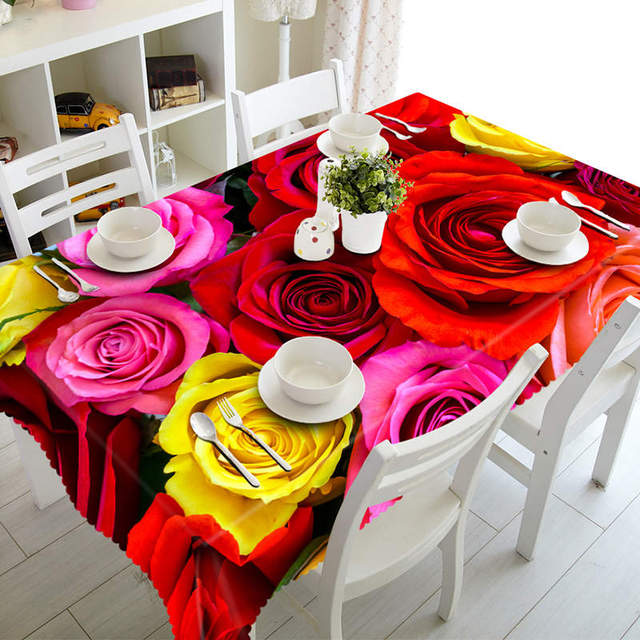 Red And Yellow Rose Flower Pattern Dustproof Washable Cloth Rectangular And Round Table Cloth