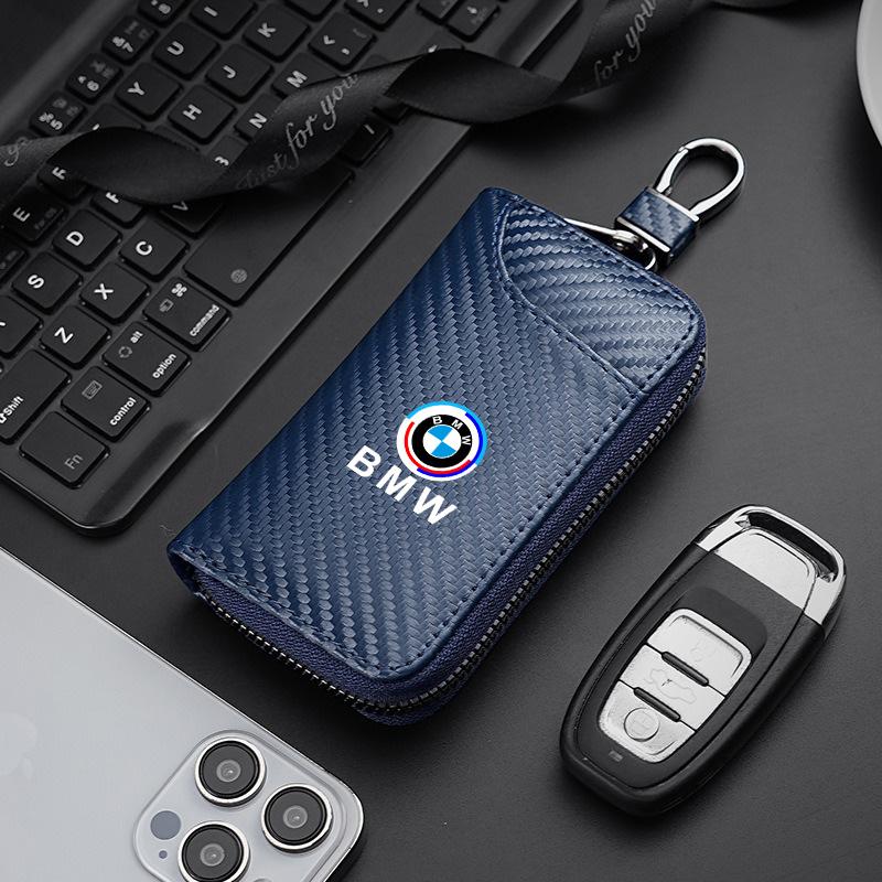 BBJV7 Carbon Fiber Leather Wallet Car Remote Key Storage Zippers Bag For Bmw 50th Anniversary M E36 F20 E46 E90 E87 E34 X3 X5 X6 M2 M3