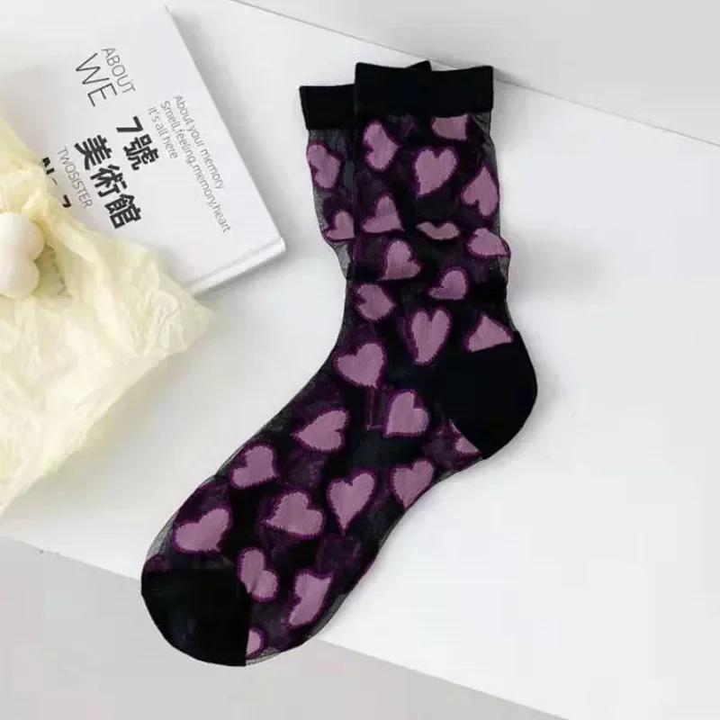 Летние женские носки в японском стиле, милые носки из хрустального стекла и шелка с принтом сердечек, ультратонкие прозрачные носки для девочек, кавайные милые длинные носки