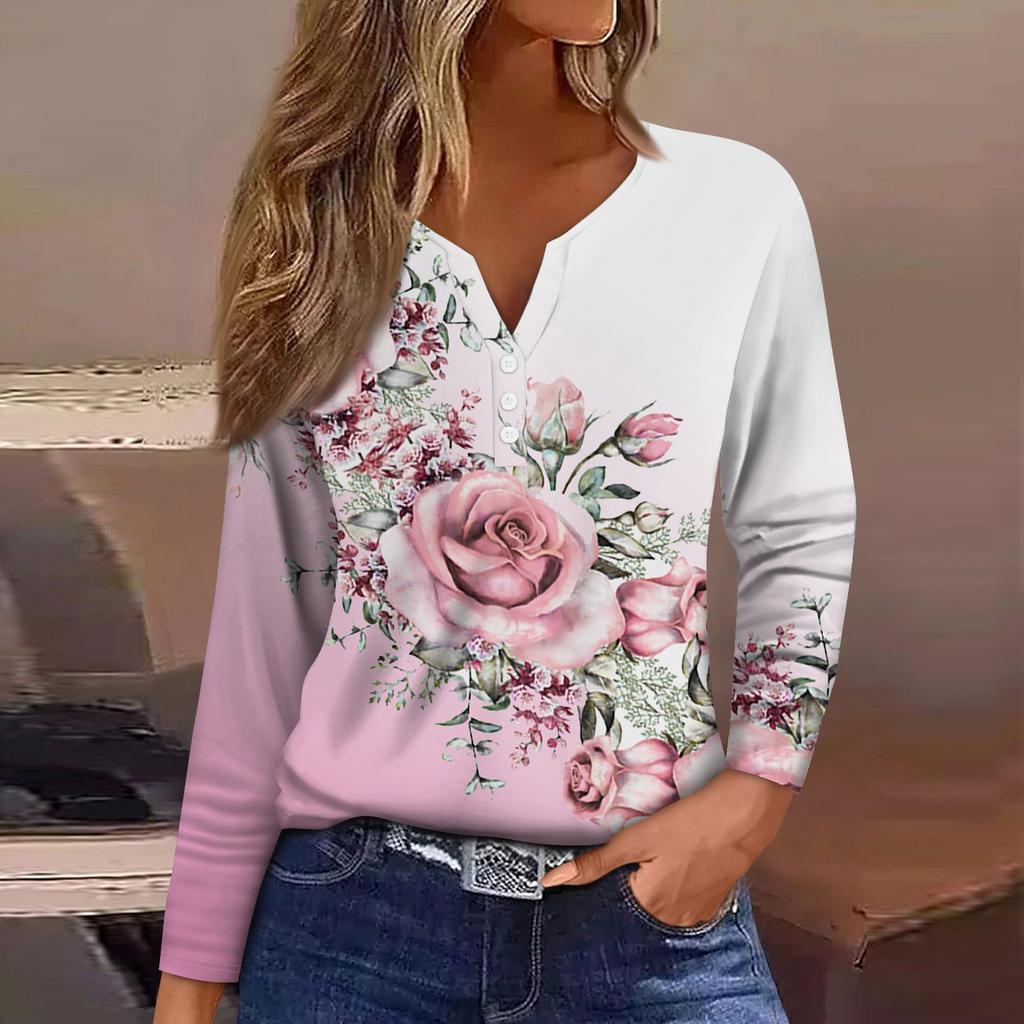 Women's T Shirt Tee Button Floral Print Long Sleeve Daily Weekend Fashion Basic V-Neck Regular Top