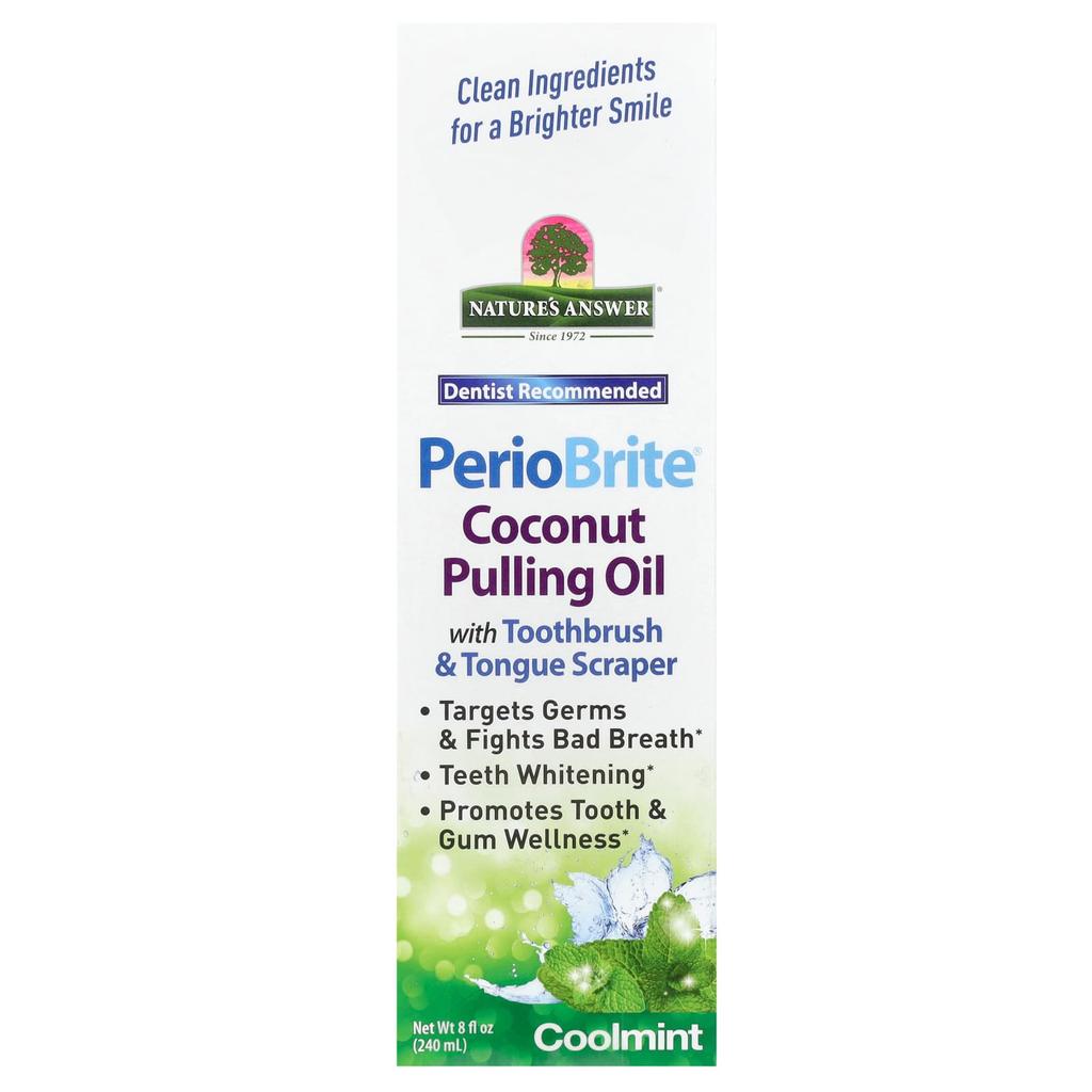 Nature's Answer Кокосовое масло для полоскания рта PerioBrite, с зубной щеткой и скребком для языка, освежающая мята, 8 жидких унций (240 мл)