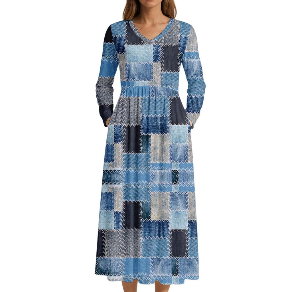 Платье для женщин длинное бохо пляжное платье элегантное макси-платье V-образный вырез длинный рукав платье с карманами