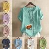 Women's Fashion Round Neck Short Sleeve T-shirt Casual Cotton Linen Graphic Shirt Leisure Loose Squirrel Prined Summer Blouse Tops