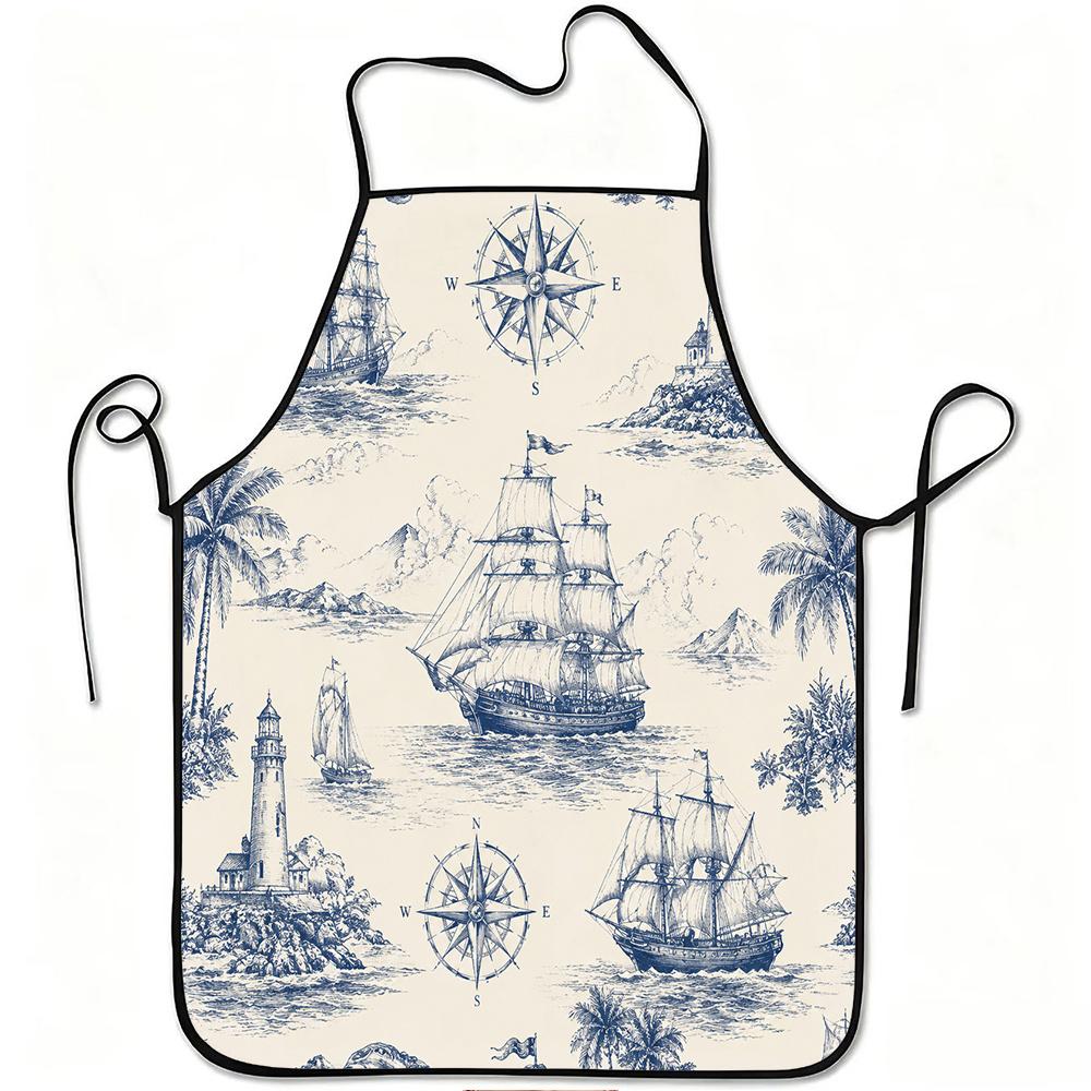 1pc Vintage Nautical Ship Lighthouse Compass Print Apron, Durable And Easy to Clean, Adjustable Waistband, Polyester Material, for Kitchen Cooking, Ga