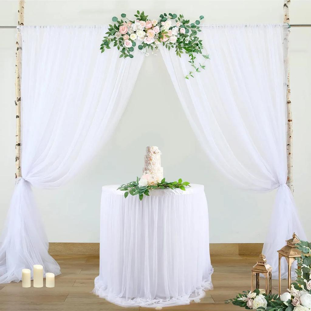 2PCS Backdrop Curtains Wedding Organza Sheer Crystal Tulle Roll Yarn Organza Fabric Wedding Party Backdrop Baby Shower Decor