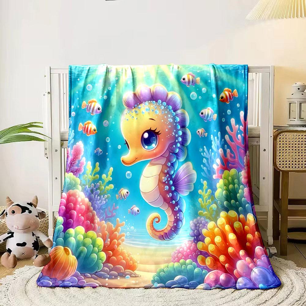 Cute Seahorse and Colorful Coral Reef Scene print blanket soft and cozy perfect for the living room bed sofa or a nap,gift