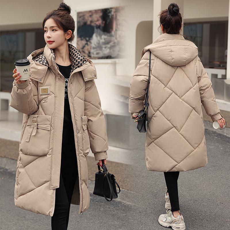 Spot new rhombus cotton-padded clothes women's medium and long cotton-padded jackets loose thickened thermal hooded autumn and winter thermal jackets