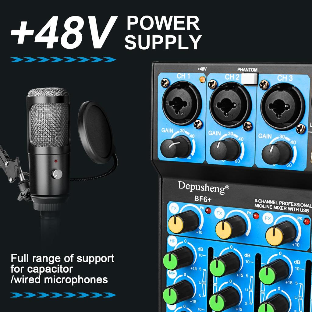 Depusheng Portable Mini Mixer 6 Channel Audio Mixer DJ Console with Bluetooth 48V Phantom USB 256 DSP for PC Recording Webcast Party BF6+ Function,