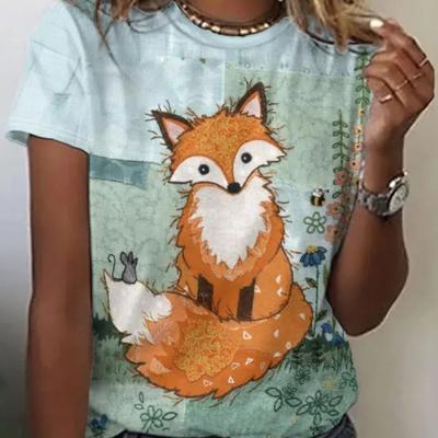 Новая женская футболка Kawaii с мультяшным принтом лисы, топ больших размеров, женская трендовая одежда, модная рубашка с короткими рукавами, летняя футболка с круглым вырезом