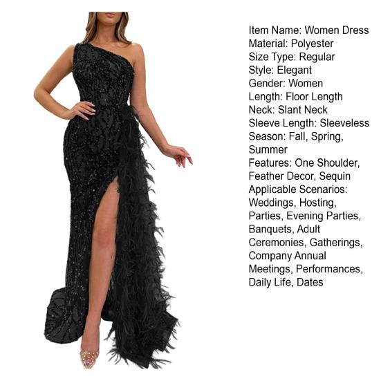 Женское вечернее платье на одно плечо без рукавов с блестящими пайетками и мягким декором из перьев с высоким разрезом, сплошной цвет, облегающее, с высокой талией, длина пола