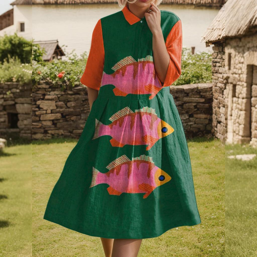 Dress For Women Elegant Casual Smocked Button Lapel Short Sleeve Knee Length Dress