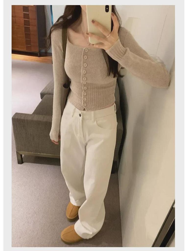 Женский облегающий вязаный кардиган - квадратный воротник, длинный рукав, короткая талия для осени/зимы