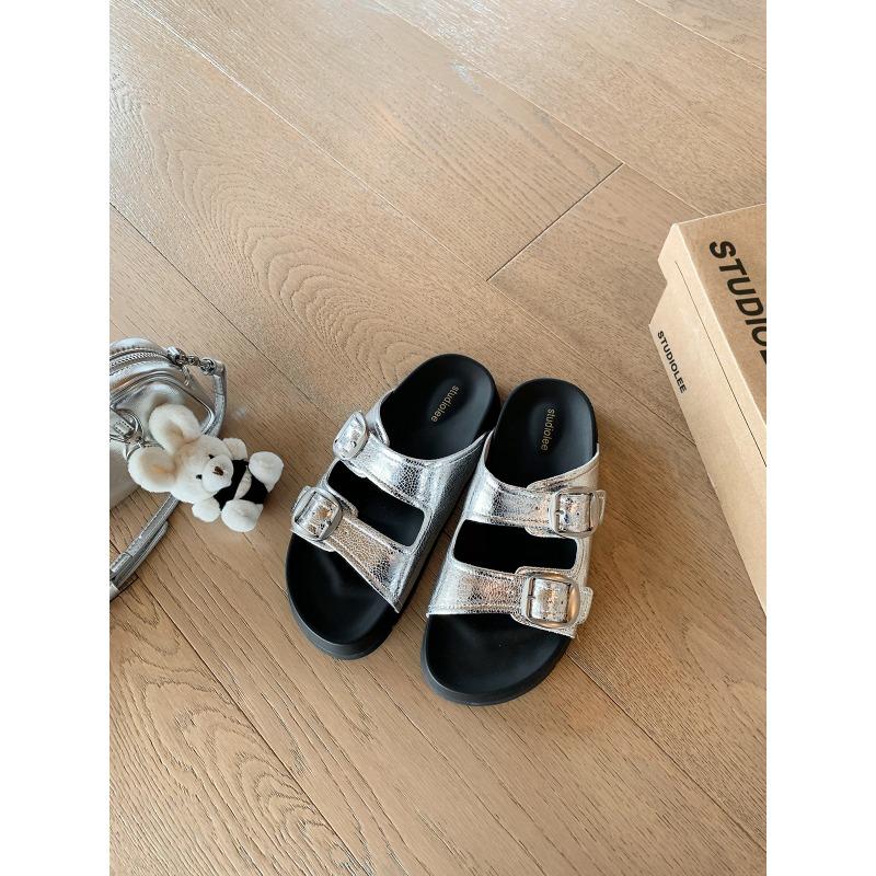 Версия из овчины~ Увеличение роста 3,5 см~ Ленивый круглый носок, двойная пряжка, крутые шлепанцы для пляжа