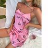 Women's Ice Silk Strap Sleeping Dress Sexy Backless Pajama Women's European American Style Thin Breathable Printed Strap Dress
