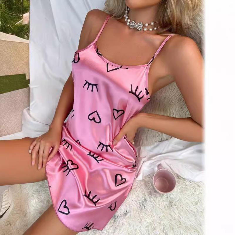 Women's Ice Silk Strap Sleeping Dress Sexy Backless Pajama Women's European American Style Thin Breathable Printed Strap Dress