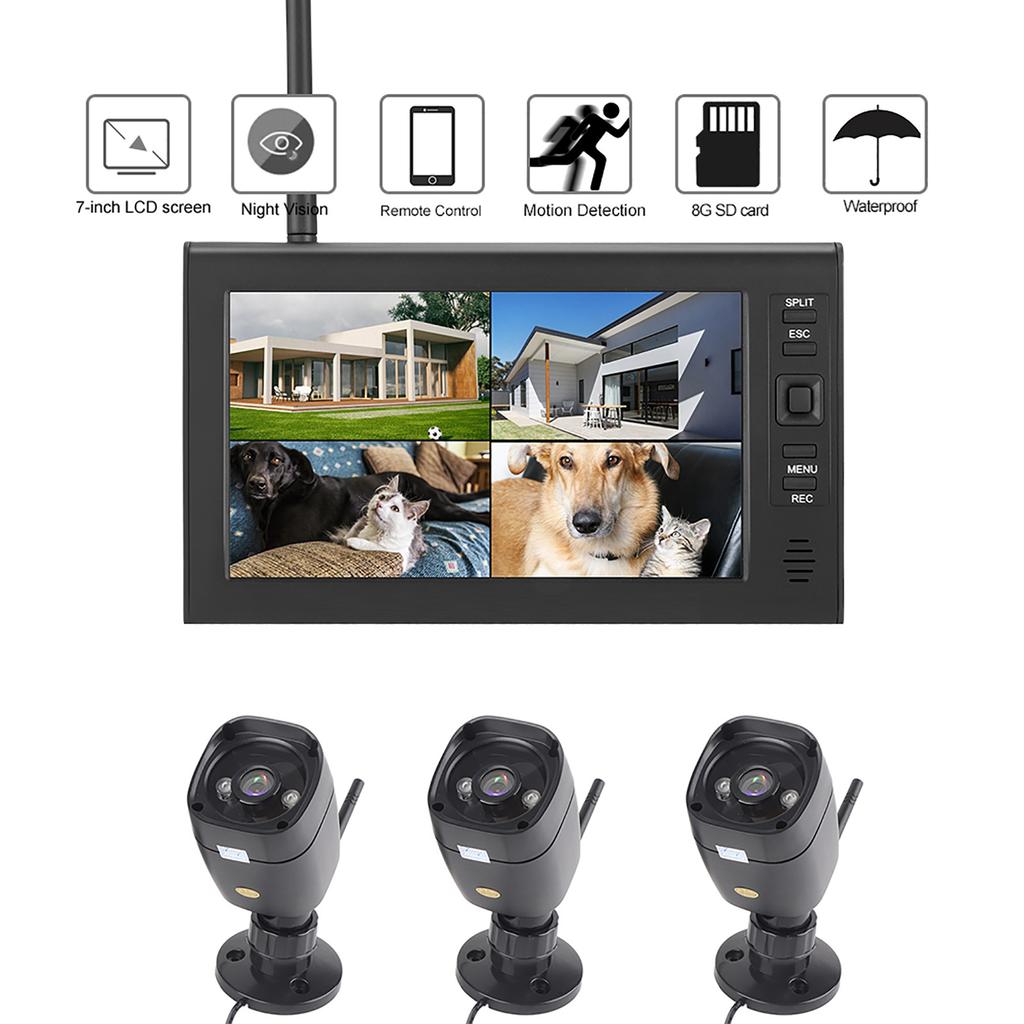 7-дюймовый ЖК-дисплей Беспроводной WIFI 4-канальный Система охранного монитора Дисплей+Камера 3 шт. ИК-камеры Карта памяти