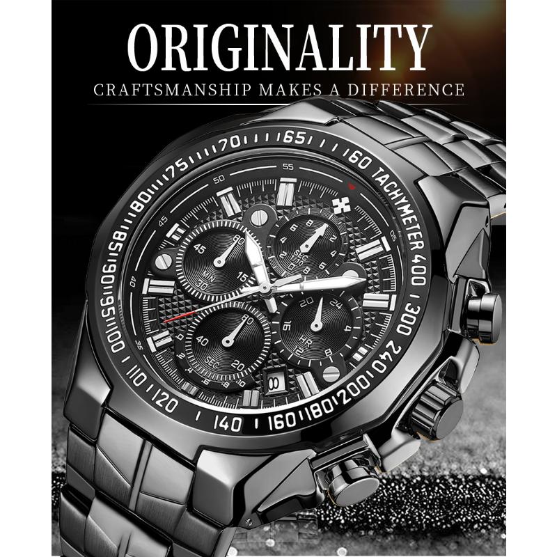 Top Brand Luxury Sport Watch For Men Quartz Chronograph Date Luminous Full Steel Wrist Watch