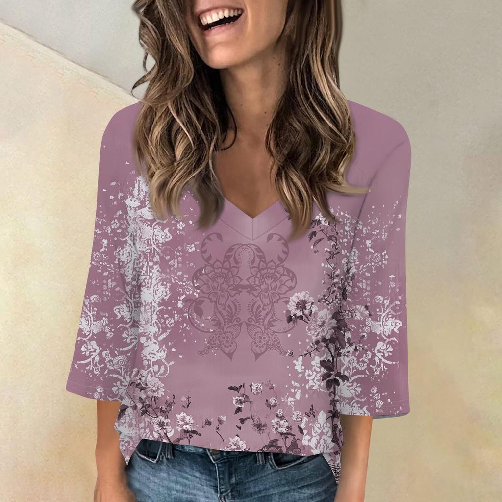 Женская мода и отдых Классический ретро-принт с рукавами 3/4 и v-образным вырезом реглан