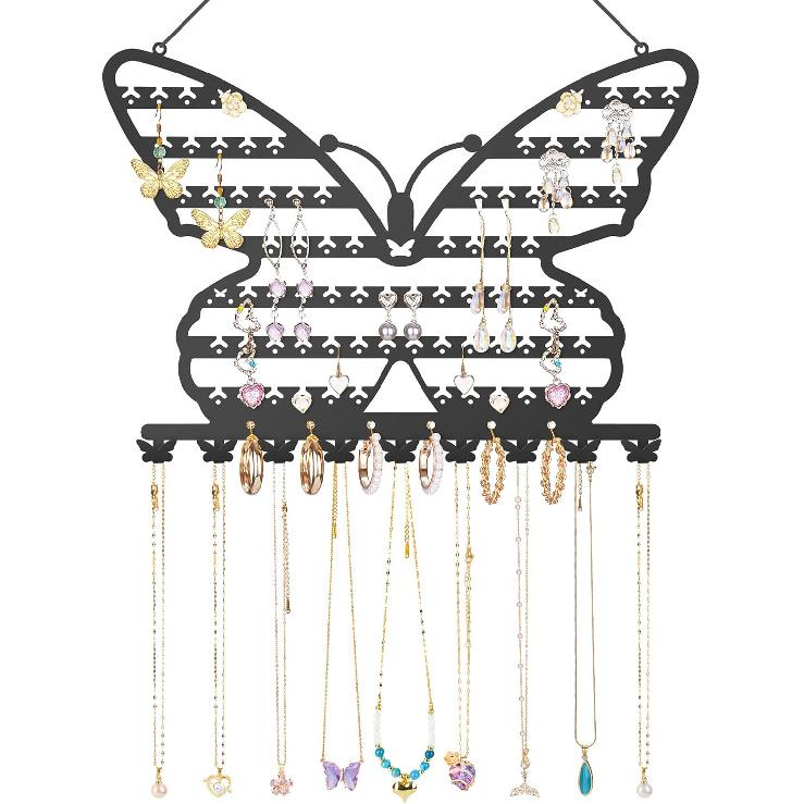 NiHome Butterfly Wall Mounted Jewelry Organizer, Decorative Metal Earring and Necklace Holder for Bedroom, Vanity, or Closet, Stylish Organizer with