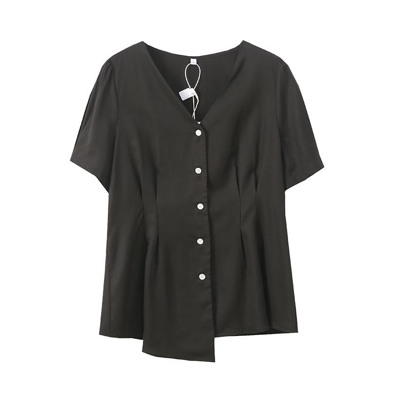 Large size fat mmV neck short-sleeved chiffon shirt women's summer new fish tail irregular hem top 212371