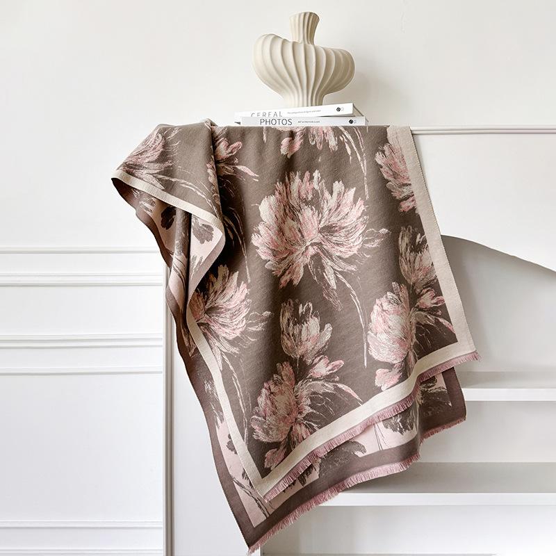 Elegant Flower Print Pashmina Scarf Ultra Soft And Warm Wraps  Shawls Featuring Fringe Autumn And Winter Outdoor Essential