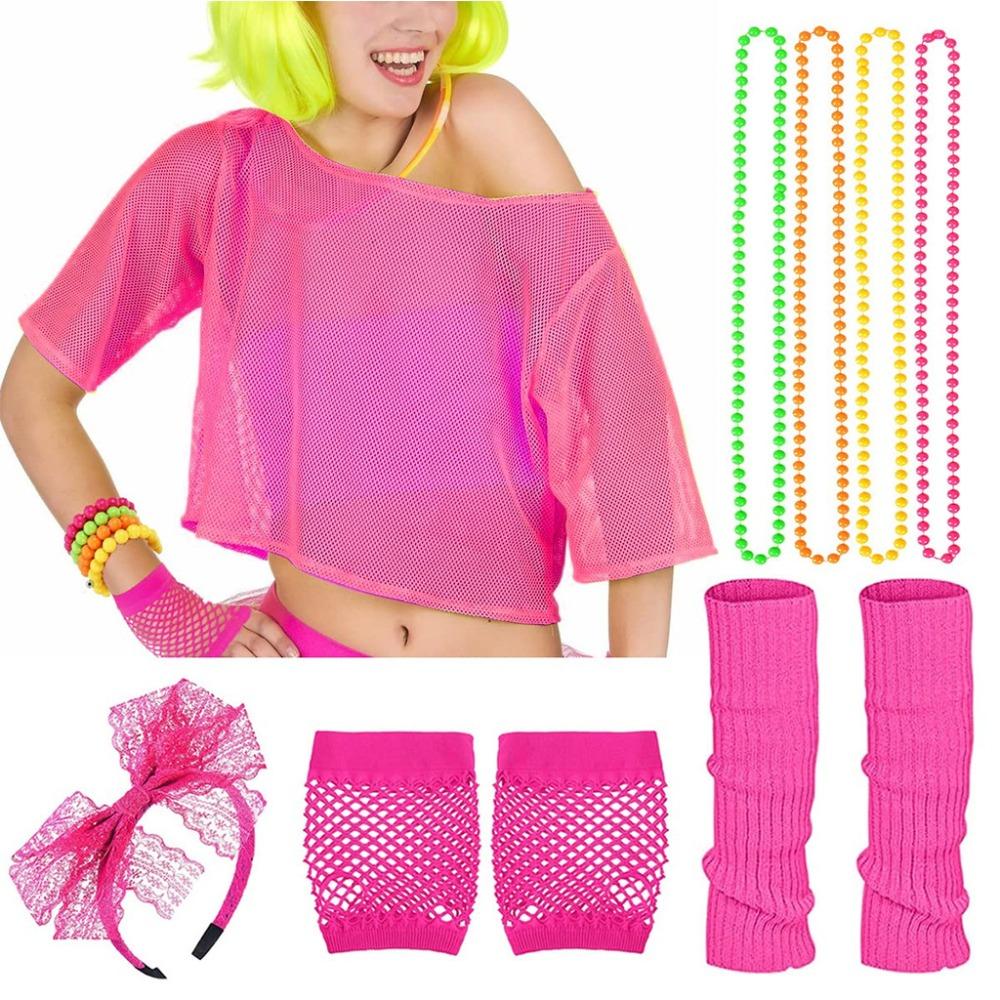 Leg Warmers Fishnet Shirt Necklace Set Gloves Choker Necklace for 80s Theme Party Costumes