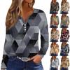 Women's Fashion Casual Printed V-Neck Long Sleeve Decorative Button T-Shirt Top