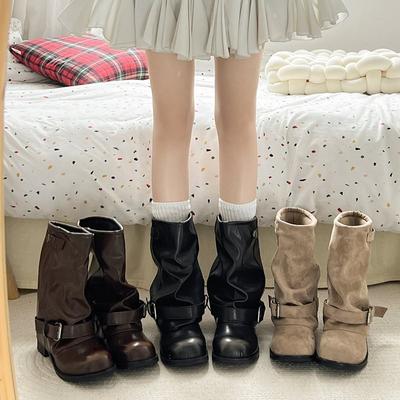 Осень и зима черные женские плиссированные 2025 сапоги вестерн рыцарские сапоги толстый каблук ковбойские сапоги новые ретро на наборном коротком каблуке