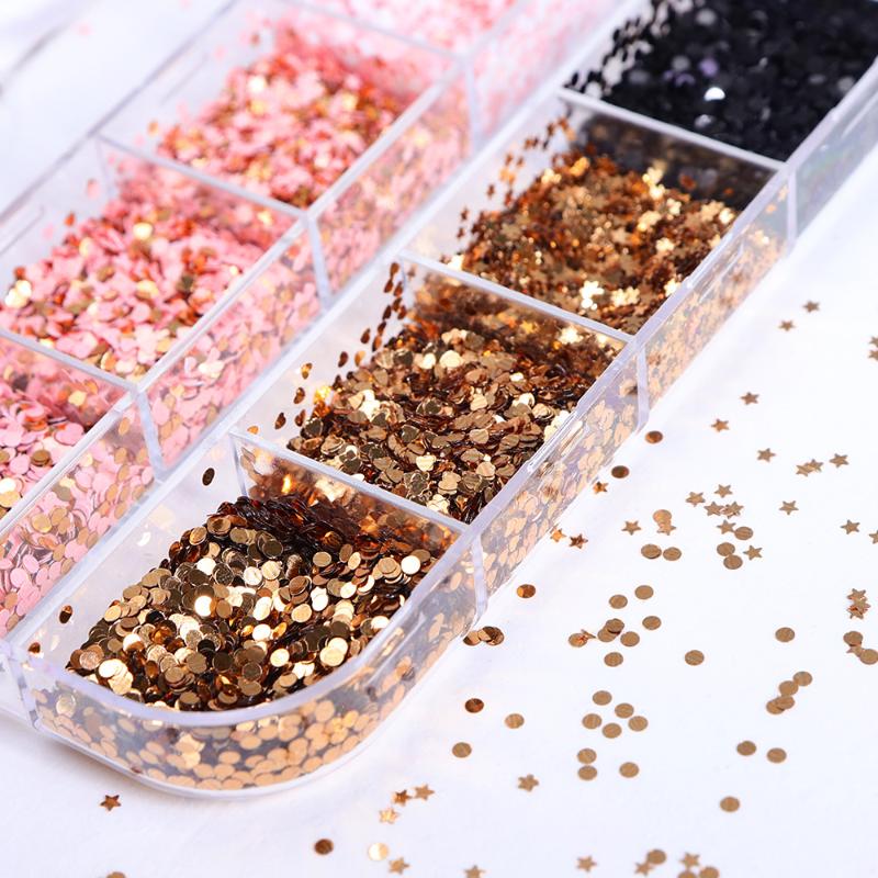 12 Grids Star Heart Round Shape Nail Art Glitter Sequins Holographic Nail Flakes Sequin Mixed Iridescent Powder Nail Decoration