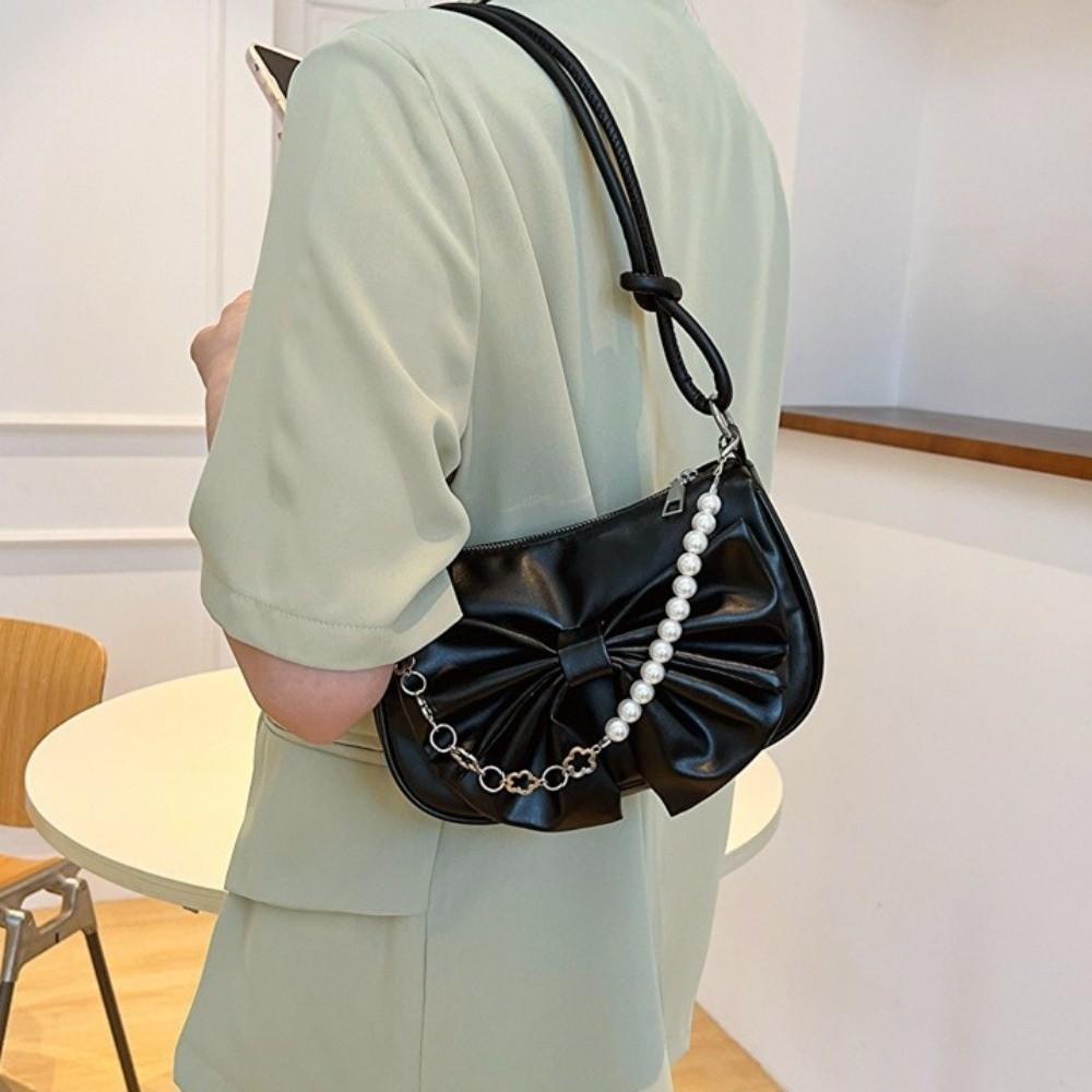 Solid Color Women Underarm Bag PU Leather Bow Handbag Simple Bowknot Shoulder Bag  Office Worker