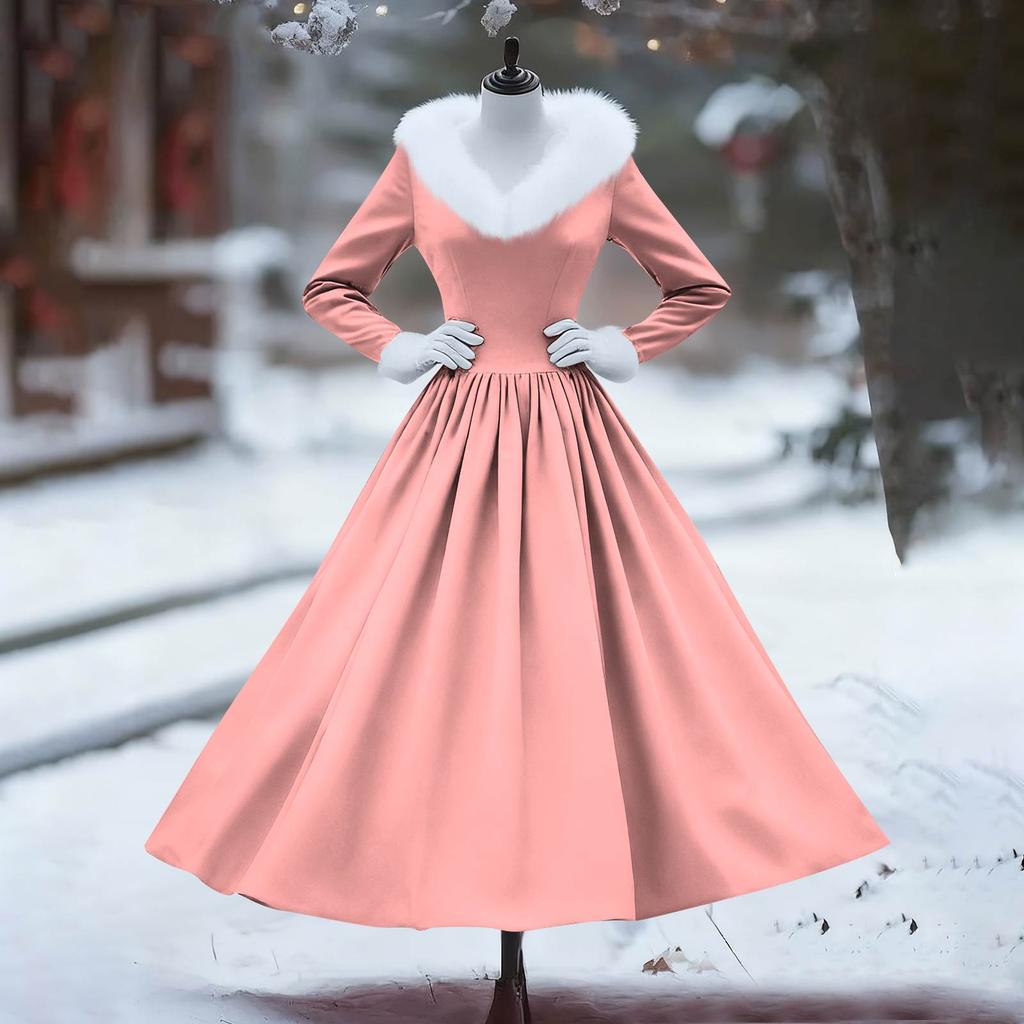 Women's Casual Dress Long-Sleeve V-Neck Patchwork Fleece Christmas Print Dress