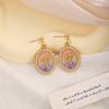 Female French-style square pearl earrings - Retro style green oil painting ear studs
