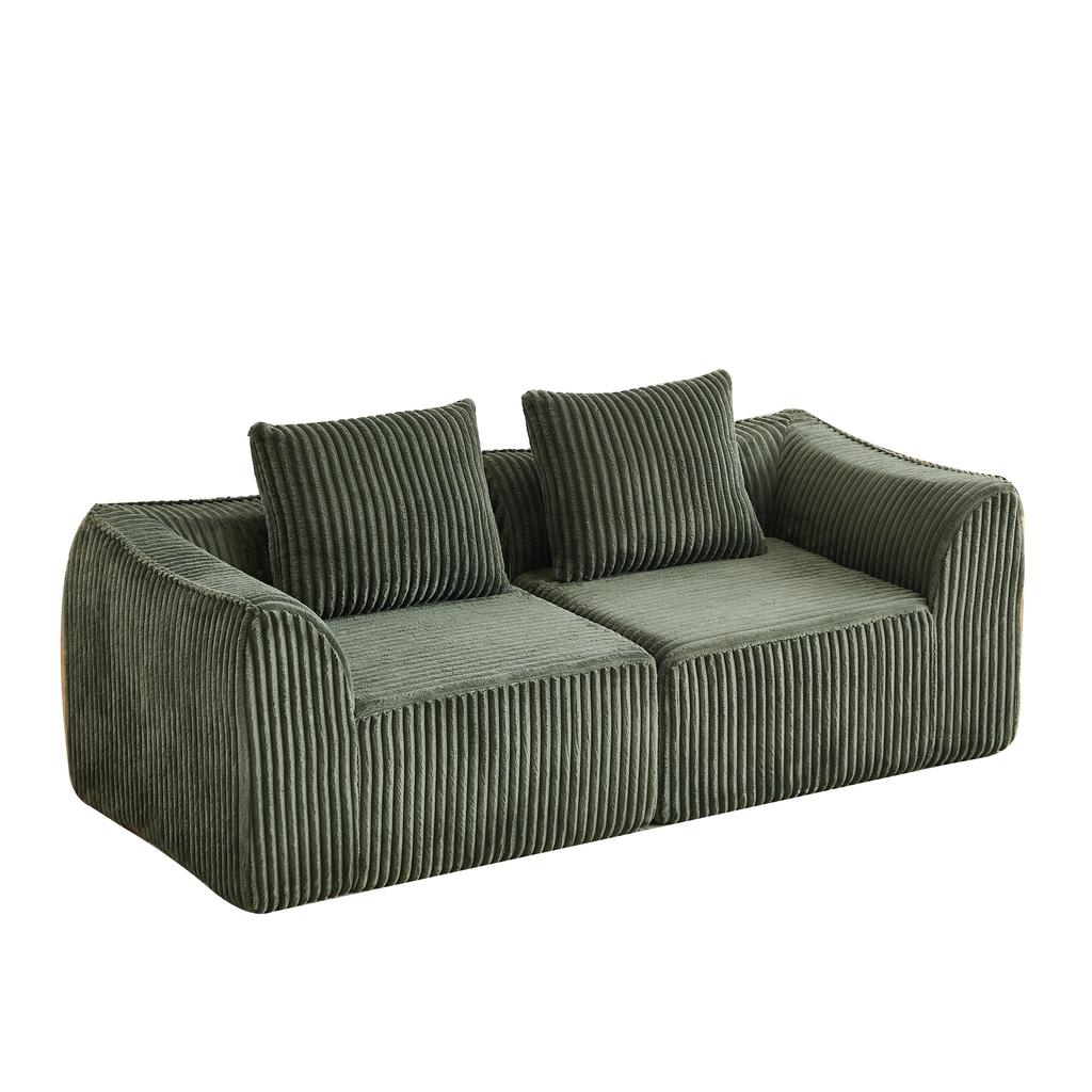 Minimalist Corduroy Sofa with Curved Lines and a Gently Sloping Backrest, Complete with Two Cushions.