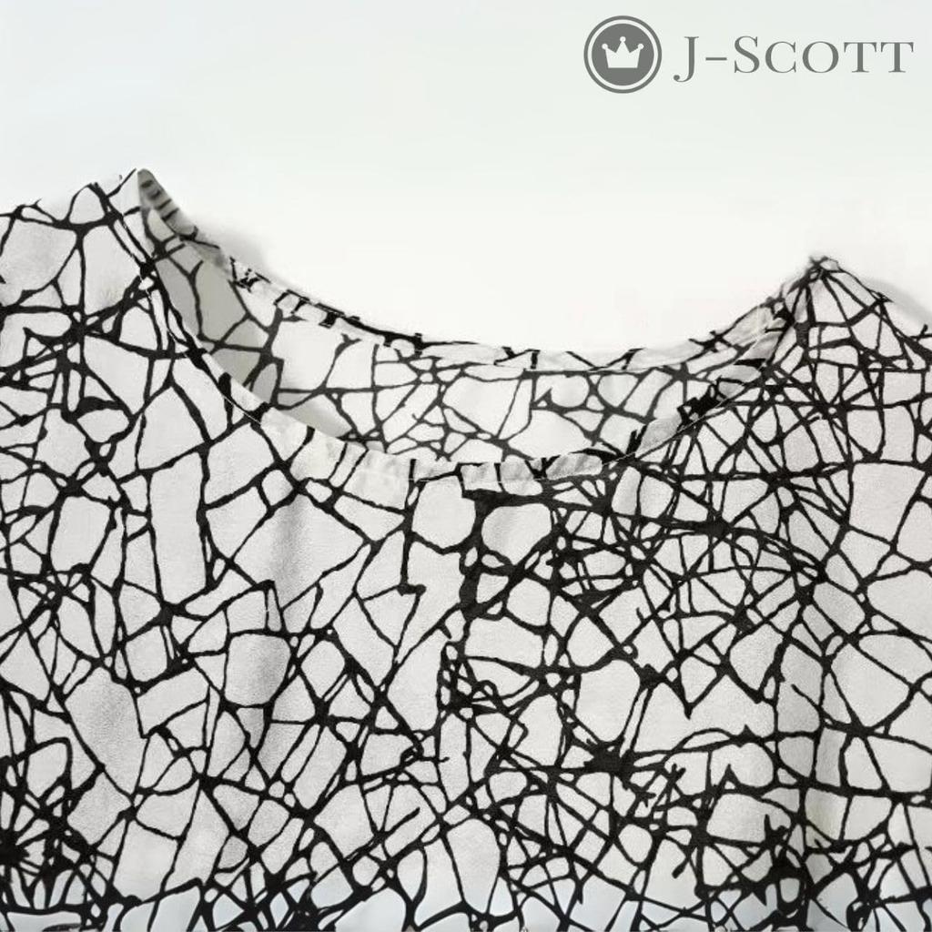 J-Scott Women's Printed Chiffon Blouse, Monotone, Flare Sleeves, 3/4 Sleeves, Round Neck, White, JS142-WH-S