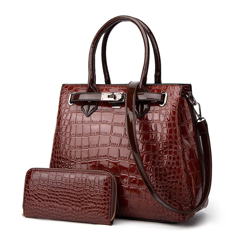 Crocodile Pattern Lacquer Leather Women's Bag Two Piece Handheld One Shoulder Diagonal Straddle Bag