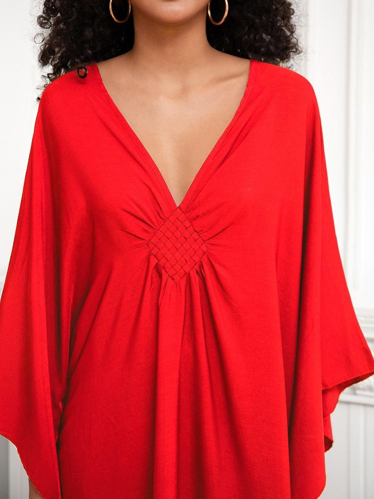 EDOLYNSA Red Women's Kaftan Long Dress Robe Holiday Cover Up Bat Sleeves Beach Dress Lounge wear Q1306