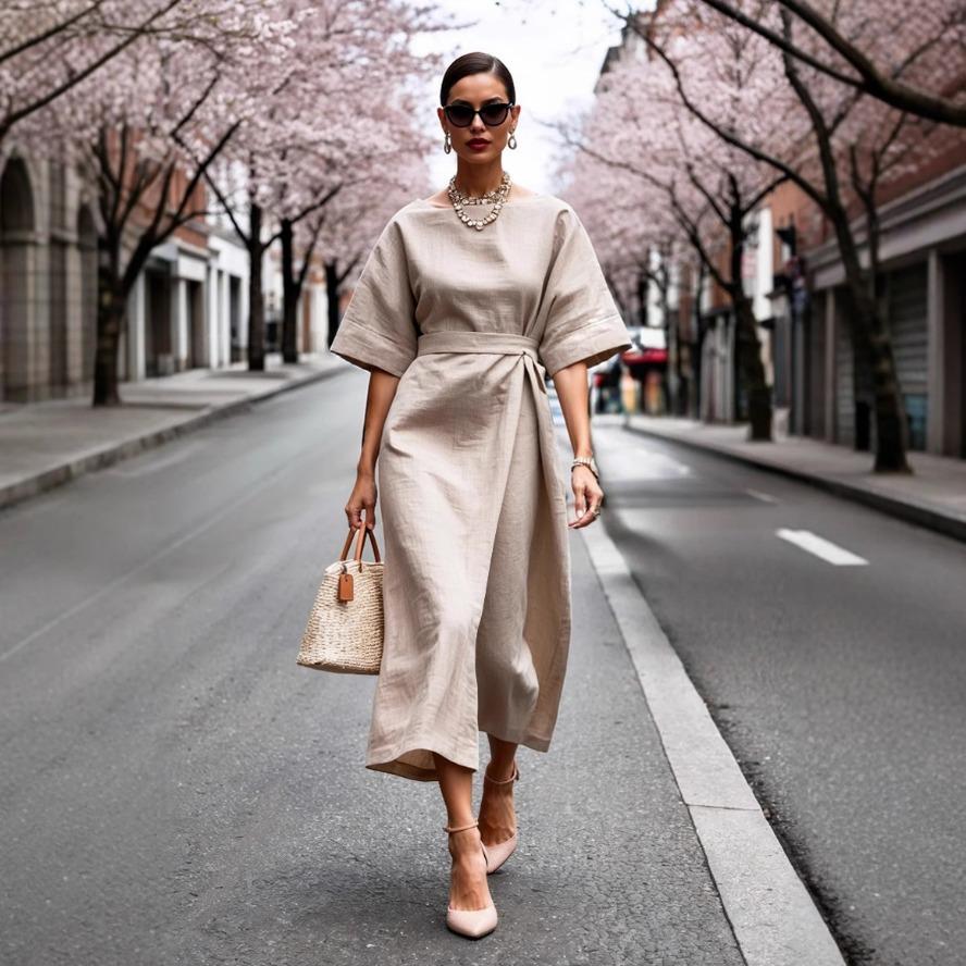 YYFS Женская мода лето весна однотонный принт с рукавами 1/2 и круглым вырезом с высокой талией повседневные платья